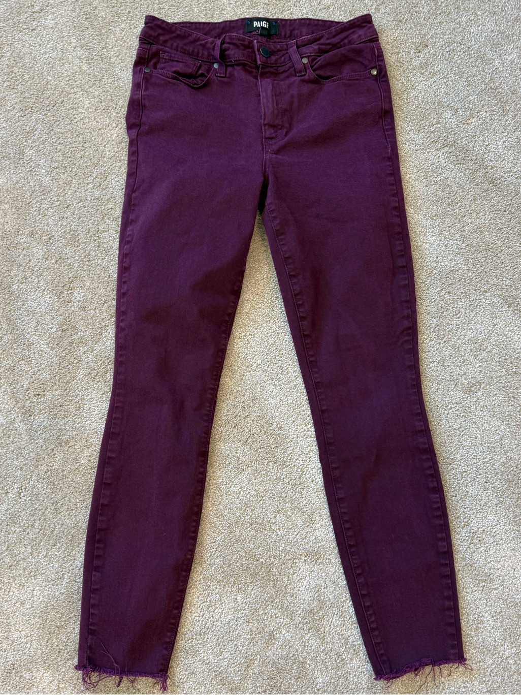 Paige Verdugo Skinny Jeans 27 Plum Burgundy Raw Hem Ankle Mid Rise Usa